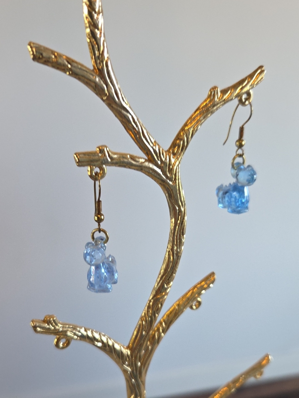 Vintage Light Blue Faceted Glass Bear & Dinosaur Dangle Earrings | Whimsical Ani